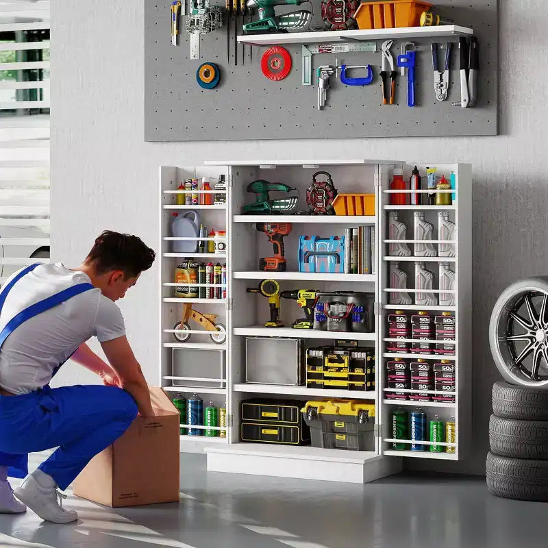 HOMCOM Dispensa da Cucina 41, Mobile Credenza da Cucina a 2 Ante con 5 Ripiani, 12 Portaspezie e Mensole Regolabili per Sala da Pranzo