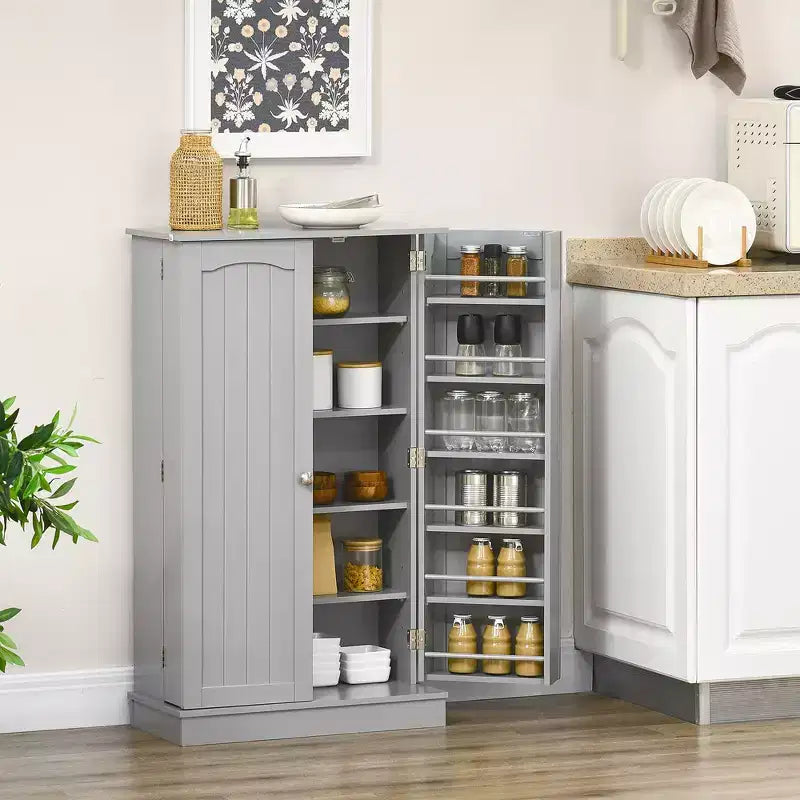 HOMCOM Dispensa da Cucina 41, Mobile Credenza da Cucina a 2 Ante con 5 Ripiani, 12 Portaspezie e Mensole Regolabili per Sala da Pranzo