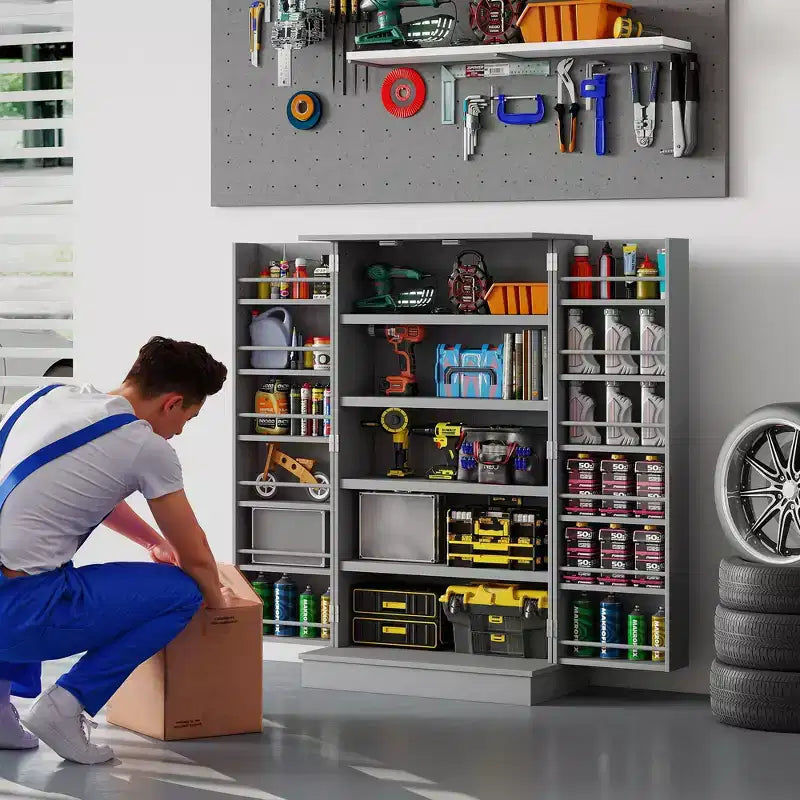 HOMCOM Dispensa da Cucina 41, Mobile Credenza da Cucina a 2 Ante con 5 Ripiani, 12 Portaspezie e Mensole Regolabili per Sala da Pranzo