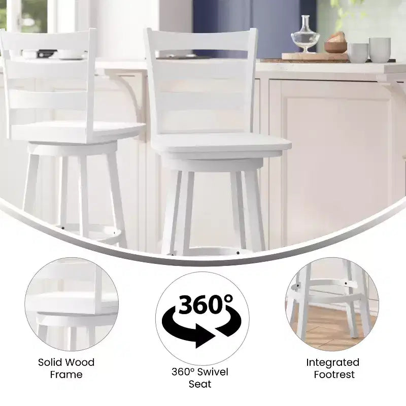 Sgabello da bar girevole in legno massello con schienale a scala, altezza bancone, qualità commerciale Liesel di Flash Furniture, con sedile in legno massello
