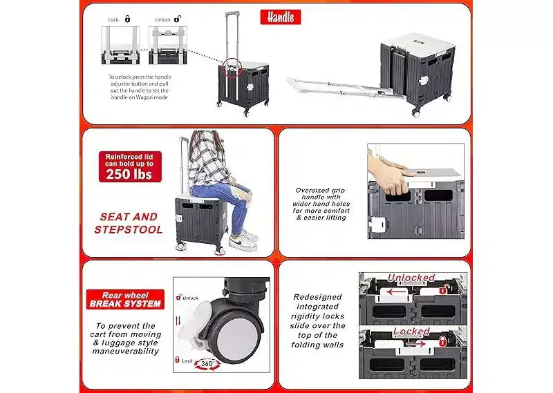 dbest products Quik Cart carrello con coperchio oscillante, quattro ruote girevoli, carrello multiuso con sedile, cesto pieghevole per uso intensivo con doppio manico telescopico