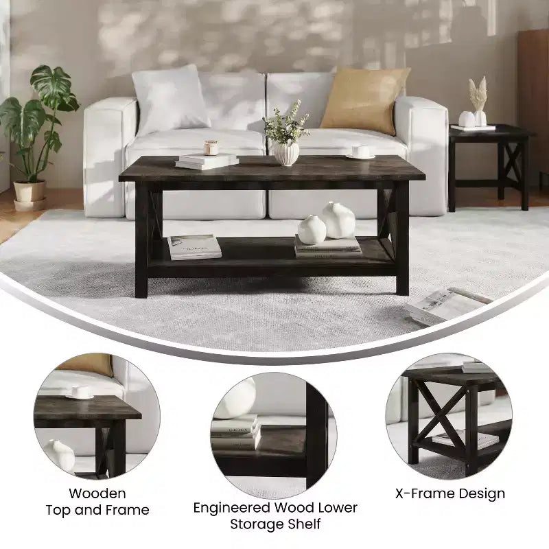 Tavolino da caffè Flash Furniture Jasper in legno massiccio stile rustico con tradizionali dettagli a crociera