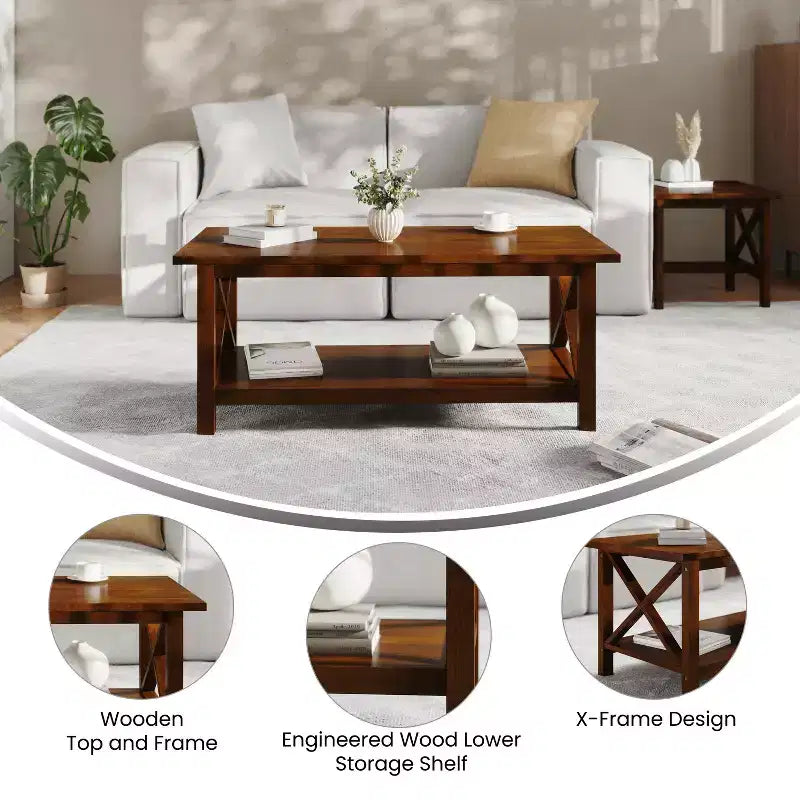 Tavolino da caffè Flash Furniture Jasper in legno massiccio stile rustico con tradizionali dettagli a crociera