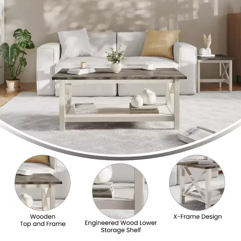 Tavolino da caffè Flash Furniture Jasper in legno massiccio stile rustico con tradizionali dettagli a crociera