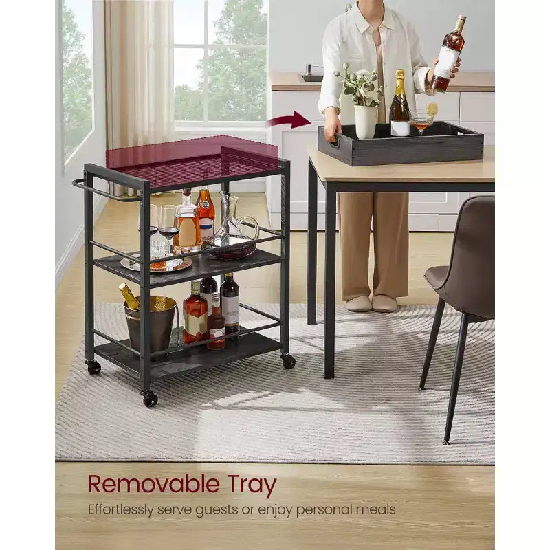 Carrello da cucina con vassoio rimovibile, carrello da cucina a 3 livelli su ruote con spazio di archiviazione, con freni, piedini di livellamento