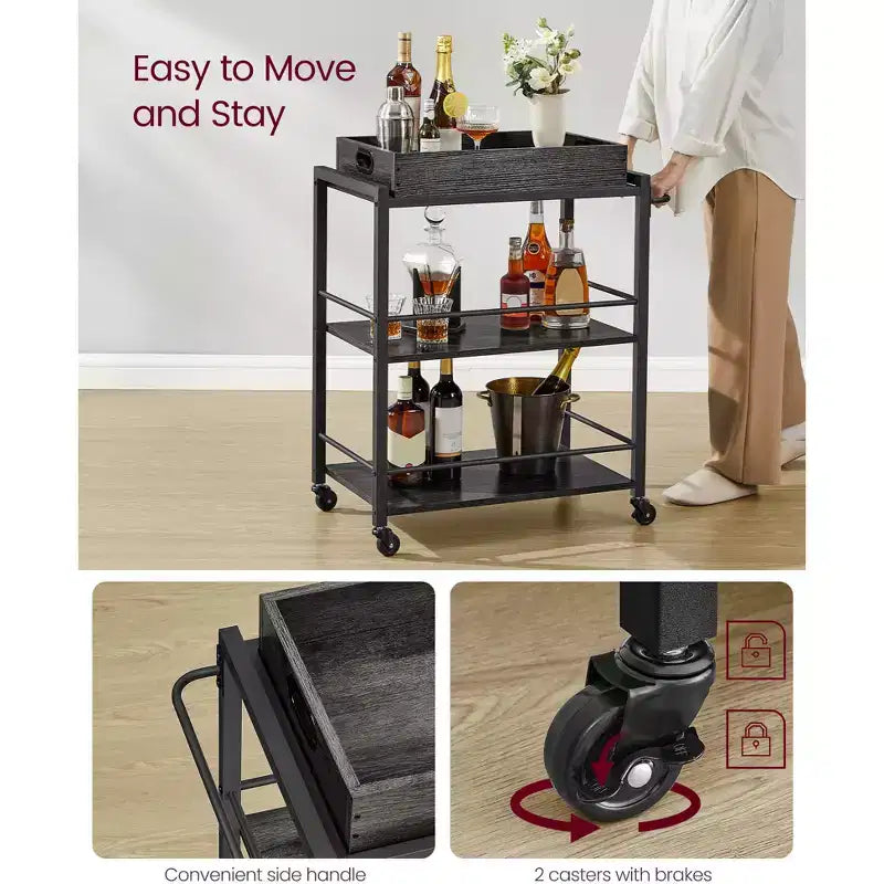 Carrello da cucina con vassoio rimovibile, carrello da cucina a 3 livelli su ruote con spazio di archiviazione, con freni, piedini di livellamento