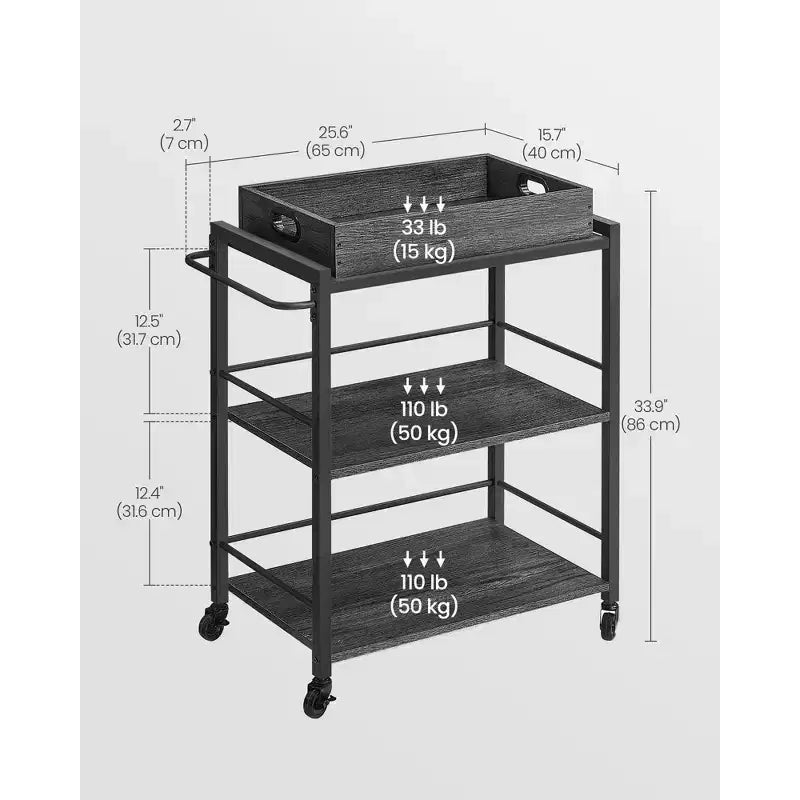 Carrello da cucina con vassoio rimovibile, carrello da cucina a 3 livelli su ruote con spazio di archiviazione, con freni, piedini di livellamento
