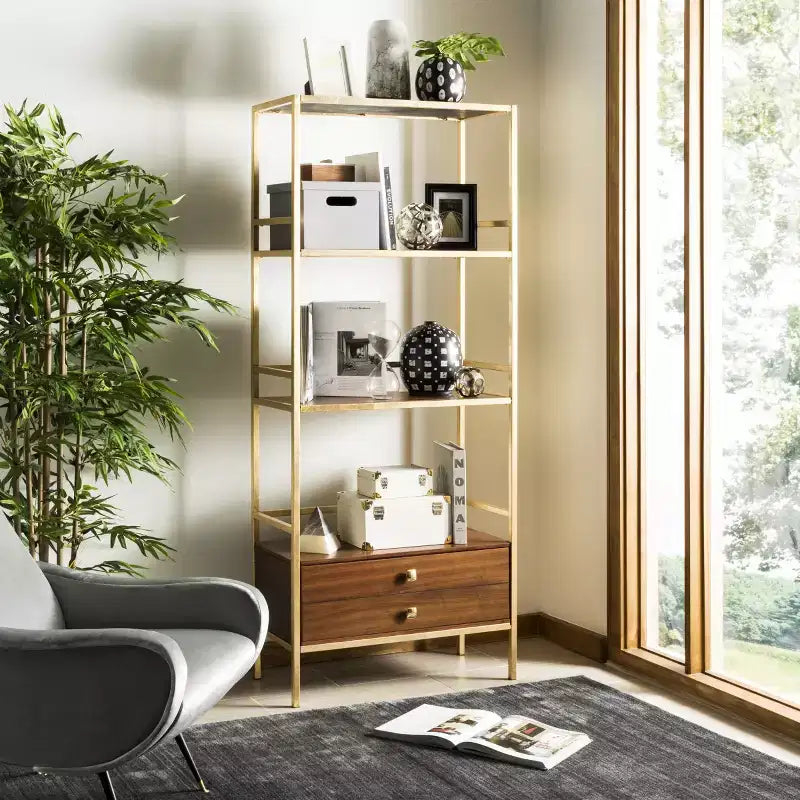 Etagere Mateo a 4 ripiani con 1 cassetto - ETG6205 - Oro/Noce - Safavieh