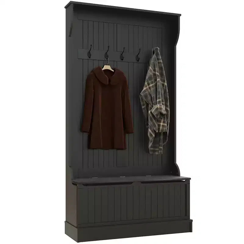 HOMCOM 3-In-1 Hall Tree Storage Bench and Coat Rack with 5 Steel Double Hooks, and Anti-Topple Anchor for Entryway