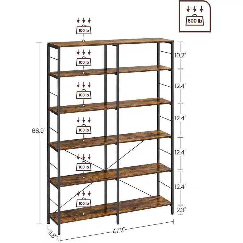 VASAGLE Scaffale a 6 Ripiani, Libreria, Grande Scaffale in Metallo, 30 x 120 x 172.5 cm, Marrone Rustico e Nero