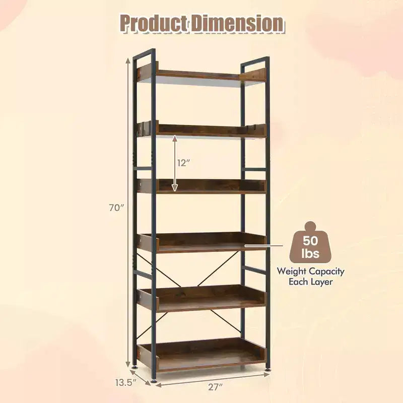 Costway Scaffale a 6 Livelli, Libreria con Ripiani Aperti, Scaffale in Metallo con 4 Ganci