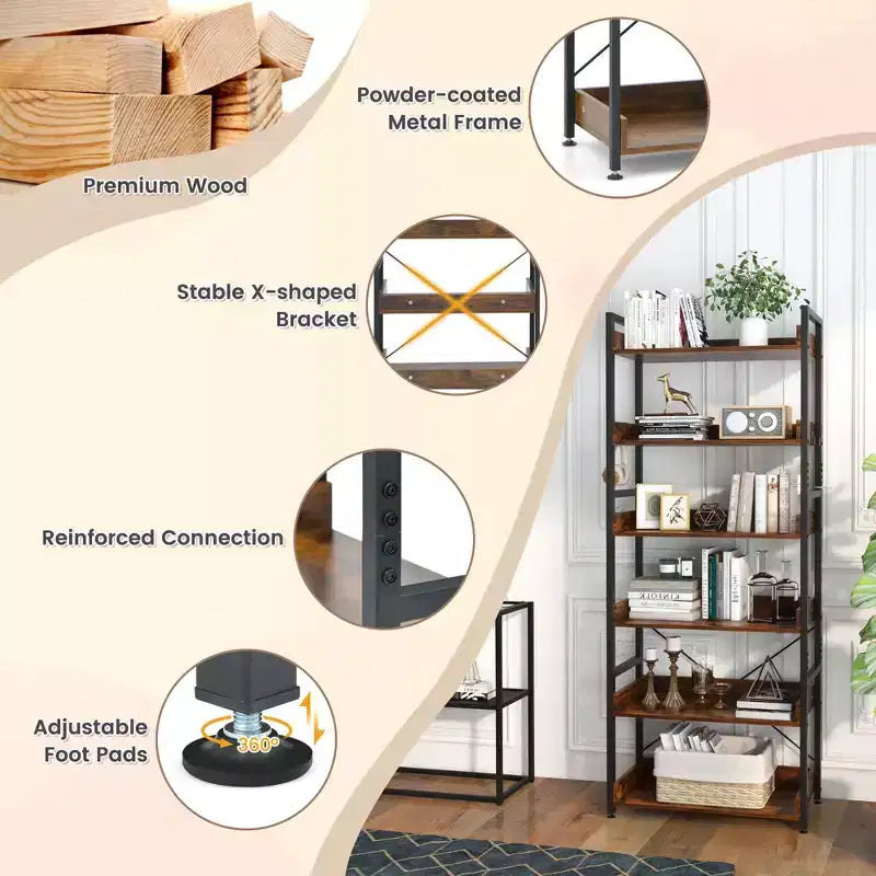 Costway Scaffale a 6 Livelli, Libreria con Ripiani Aperti, Scaffale in Metallo con 4 Ganci
