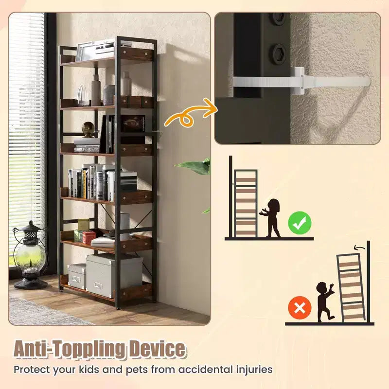 Costway Scaffale a 6 Livelli, Libreria con Ripiani Aperti, Scaffale in Metallo con 4 Ganci