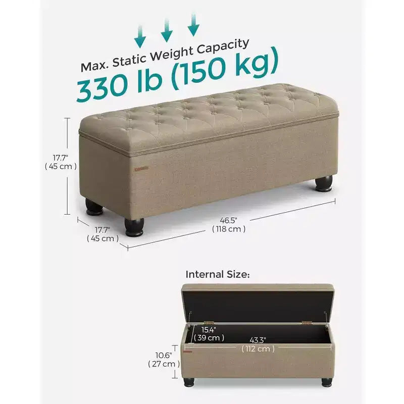 SONGMICS Panca Contenitore Pouf da Ingresso, Sgabello Poggiapiedi Contenitore con Portata di 150 kg, Gambe in Legno Massello