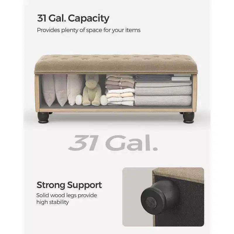 SONGMICS Panca Contenitore Pouf da Ingresso, Sgabello Poggiapiedi Contenitore con Portata di 150 kg, Gambe in Legno Massello