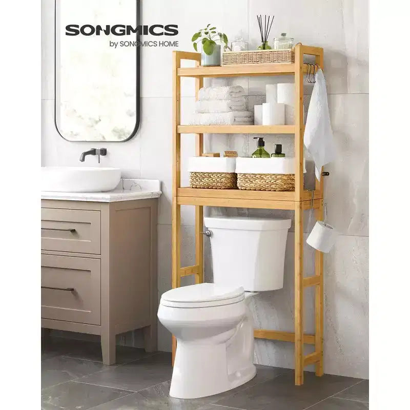 SONGMICS Scaffale sopra WC a 3 Ripiani, Mobiletto Bagno salvaspazio in Bambù