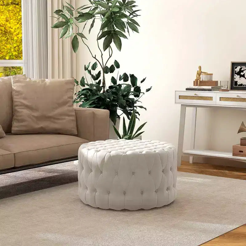 HOMCOM Pouf trapuntato, poggiapiedi rivestito in simil velluto con seduta imbottita, tavolino/pouf rotondo per soggiorno, camera da letto
