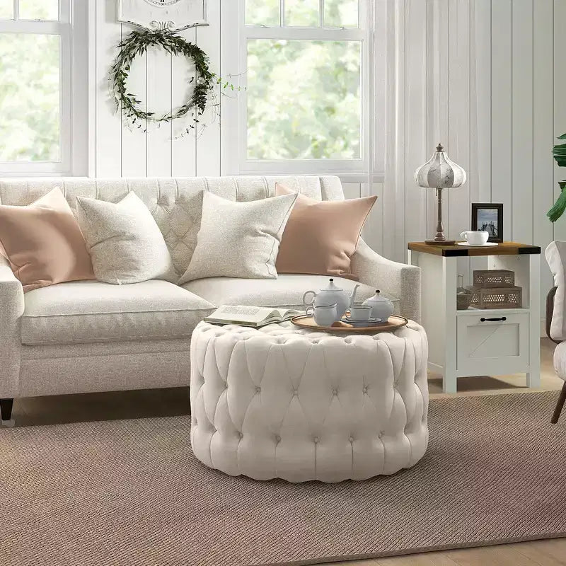 HOMCOM Pouf trapuntato, poggiapiedi rivestito in simil velluto con seduta imbottita, tavolino/pouf rotondo per soggiorno, camera da letto
