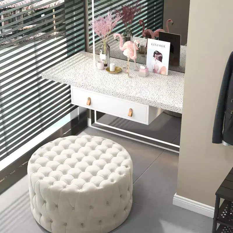 HOMCOM Pouf trapuntato, poggiapiedi rivestito in simil velluto con seduta imbottita, tavolino/pouf rotondo per soggiorno, camera da letto