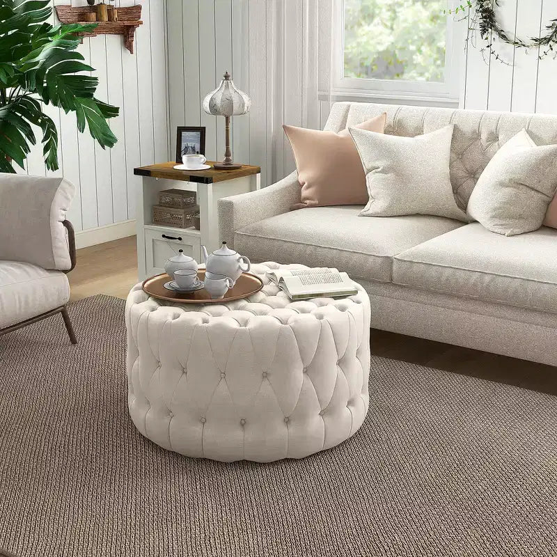 HOMCOM Pouf trapuntato, poggiapiedi rivestito in simil velluto con seduta imbottita, tavolino/pouf rotondo per soggiorno, camera da letto