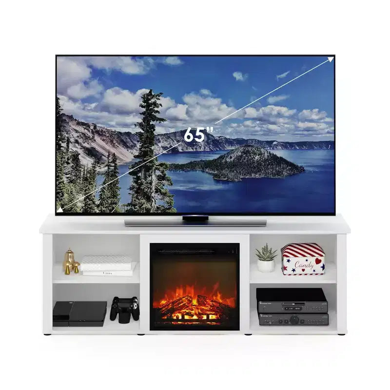 Furinno Classic Mobile TV con Camino e Console Multimediale con Camino Elettrico da 18" per TV Fino a 70", Bianco Solido