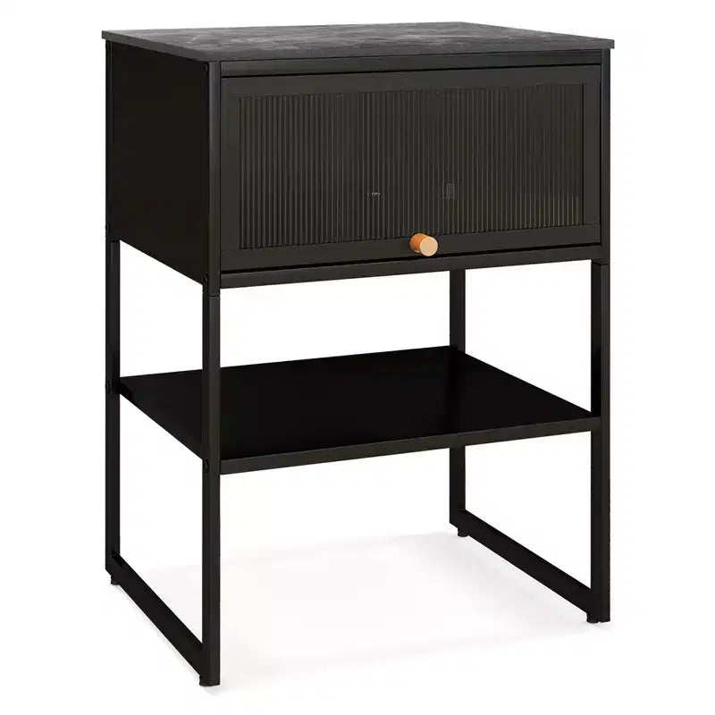 Costway Comodino da Casa 1/2 Pezzi, Tavolino Contenitore a 3 Livelli con Anta e Ripiano Aperto, Struttura in Metallo Resistente, Nero