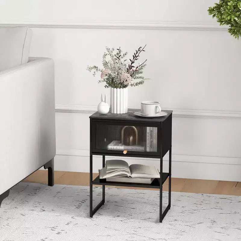 Costway Comodino da Casa 1/2 Pezzi, Tavolino Contenitore a 3 Livelli con Anta e Ripiano Aperto, Struttura in Metallo Resistente, Nero
