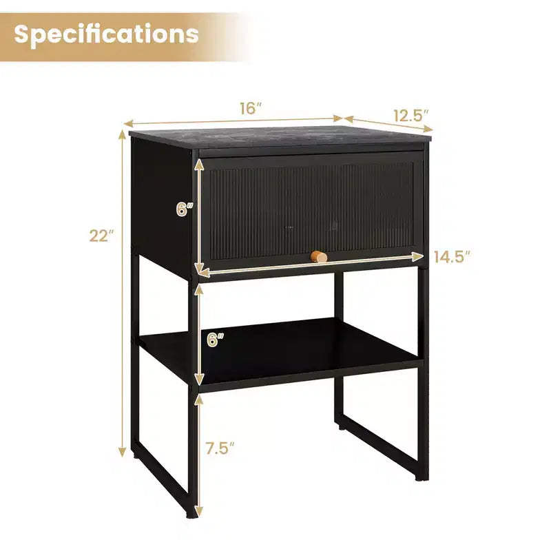 Costway Comodino da Casa 1/2 Pezzi, Tavolino Contenitore a 3 Livelli con Anta e Ripiano Aperto, Struttura in Metallo Resistente, Nero