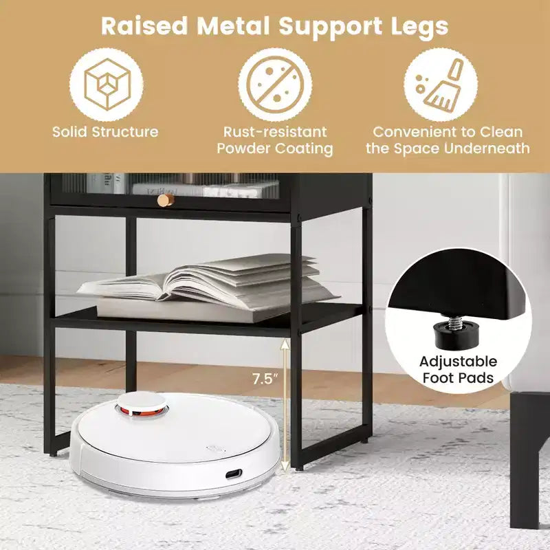 Costway Comodino da Casa 1/2 Pezzi, Tavolino Contenitore a 3 Livelli con Anta e Ripiano Aperto, Struttura in Metallo Resistente, Nero