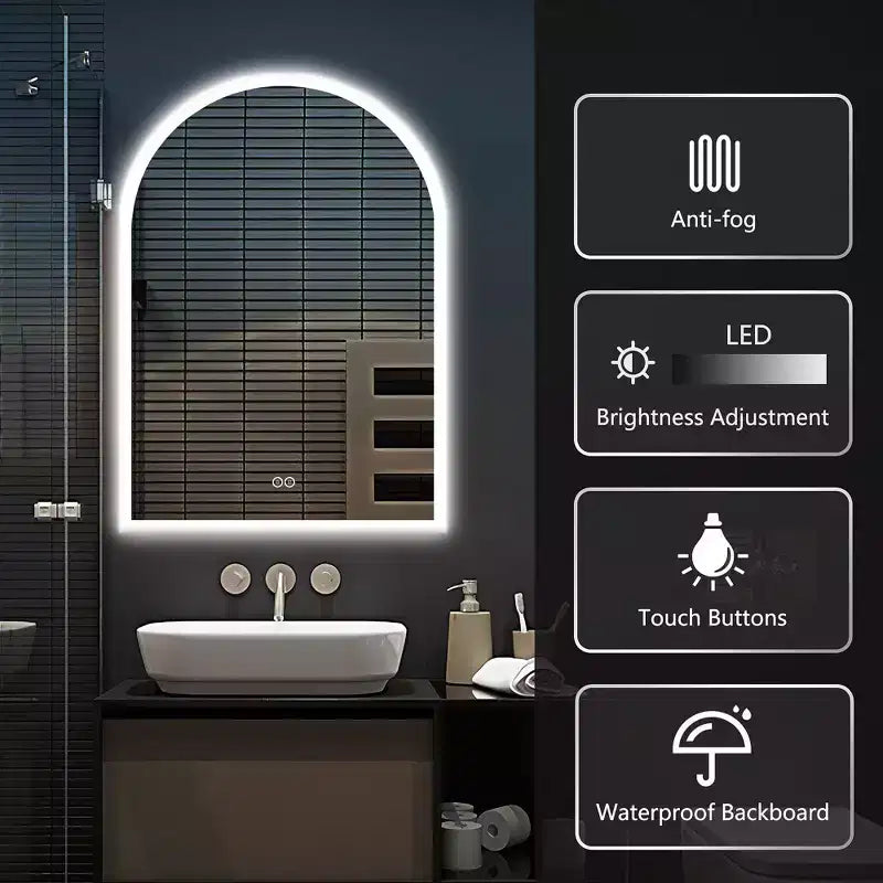 Specchio da parete a LED Dovelina con specchio da bagno a forma di arco moderno anti-appannamento