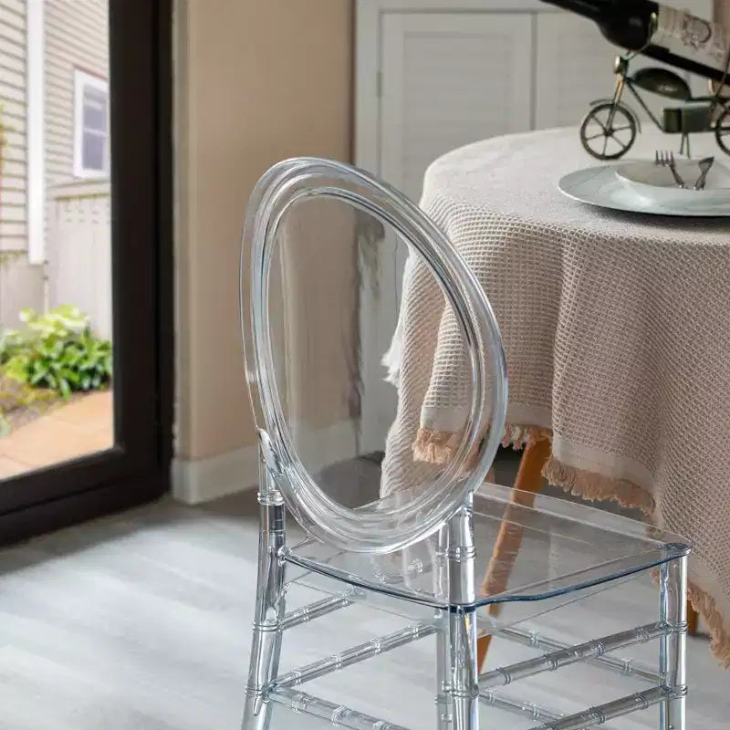 Sedia Fabulaxe moderna in acrilico effetto cristallo, sedia da pranzo Florence, seduta trasparente impilabile per eventi e matrimoni