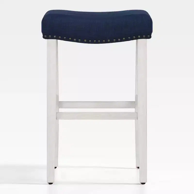 WestinTrends 29 Upholstered Backless Saddle Seat Bar Stool, Antique White/Navy Blue