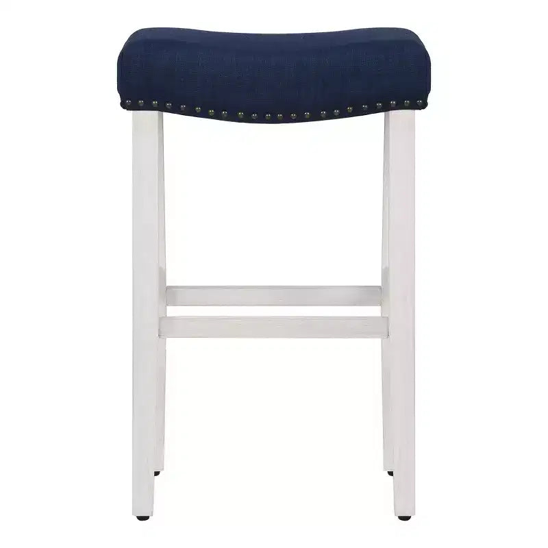 WestinTrends Sgabello da bar con sedile a sella senza schienale, 29 pollici, bianco anticato/blu navy
