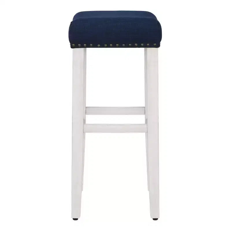 WestinTrends Sgabello da bar con sedile a sella senza schienale, 29 pollici, bianco anticato/blu navy