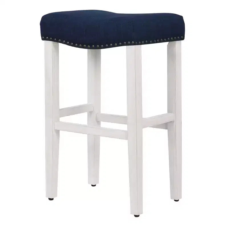 WestinTrends Sgabello da bar con sedile a sella senza schienale, 29 pollici, bianco anticato/blu navy