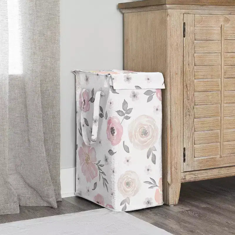 Cesto Portabiancheria Pieghevole per Bambina Sweet Jojo Designs con Manici, Fantasia Floreale Acquerello Rosa e Grigio
