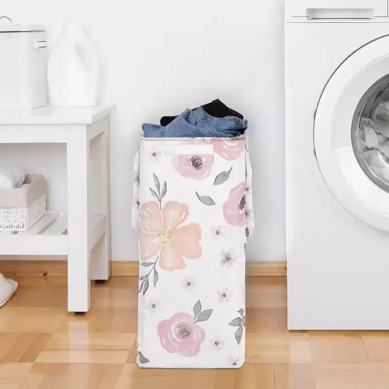 Cesto Portabiancheria Pieghevole per Bambina Sweet Jojo Designs con Manici, Fantasia Floreale Acquerello Rosa e Grigio