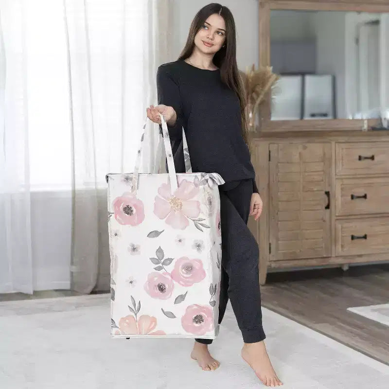 Cesto Portabiancheria Pieghevole per Bambina Sweet Jojo Designs con Manici, Fantasia Floreale Acquerello Rosa e Grigio