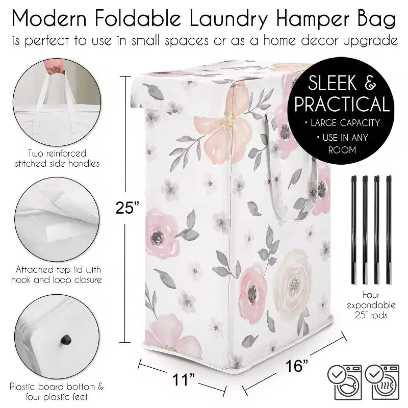 Cesto Portabiancheria Pieghevole per Bambina Sweet Jojo Designs con Manici, Fantasia Floreale Acquerello Rosa e Grigio