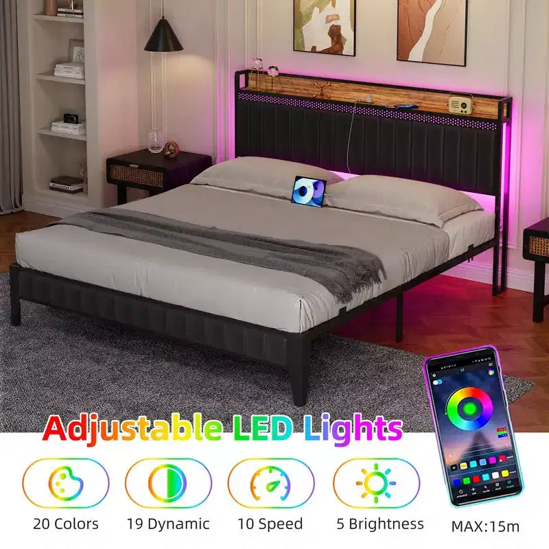 Struttura letto imbottita con stazione di ricarica e luci a LED