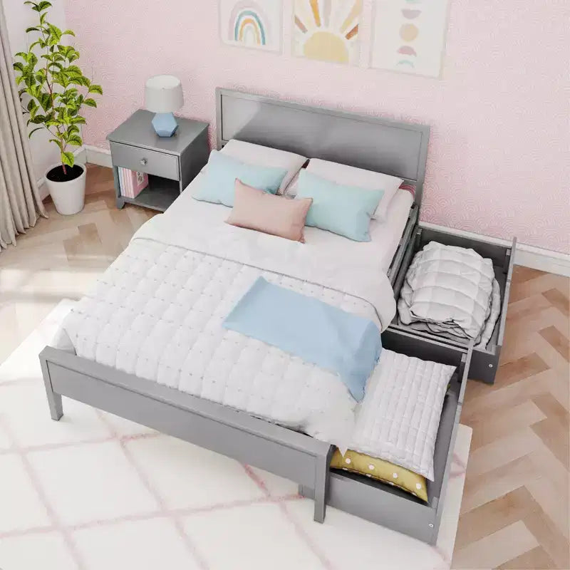 Struttura letto matrimoniale con cassetti contenitore, letto a piattaforma in legno massello per bambini