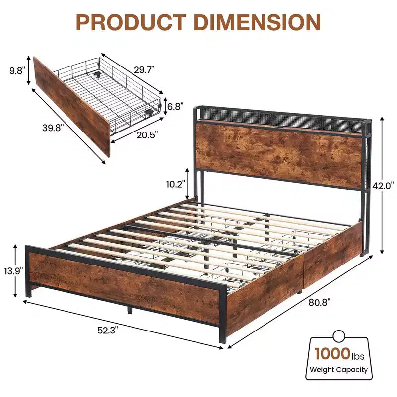 Letto matrimoniale alla francese con cassetti e stazione di ricarica, letto a LED con testiera contenitore, letto a piattaforma con robuste doghe in legno