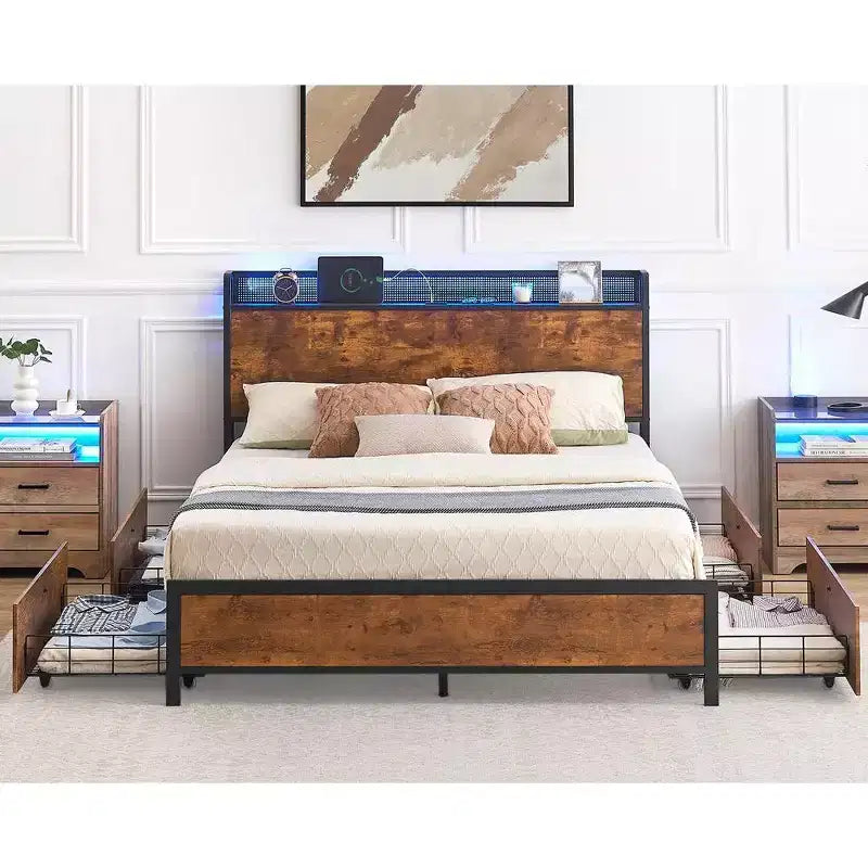 Letto matrimoniale alla francese con cassetti e stazione di ricarica, letto a LED con testiera contenitore, letto a piattaforma con robuste doghe in legno