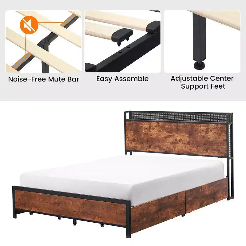 Letto matrimoniale alla francese con cassetti e stazione di ricarica, letto a LED con testiera contenitore, letto a piattaforma con robuste doghe in legno
