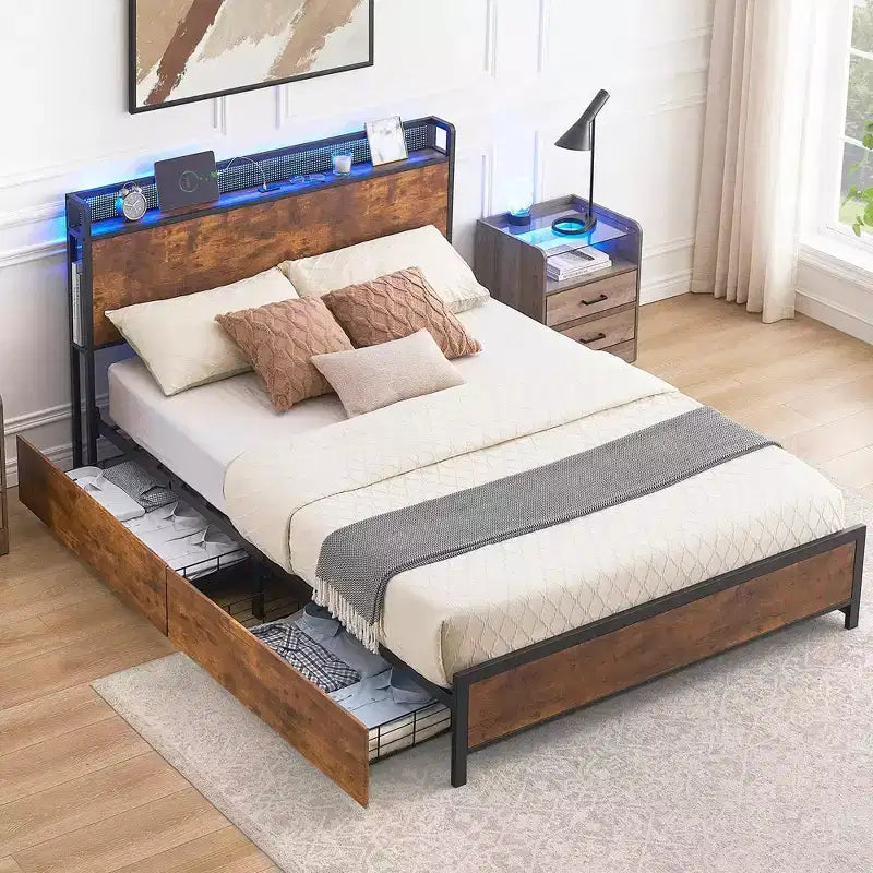 Letto matrimoniale alla francese con cassetti e stazione di ricarica, letto a LED con testiera contenitore, letto a piattaforma con robuste doghe in legno