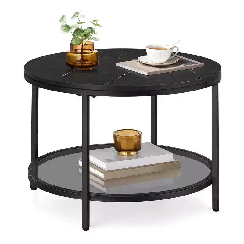 VASAGLE Round Coffee Table, Small Coffee Table with Faux Marble Top and Glass Storage Shelf, 2-Tier Circle Coffee Table