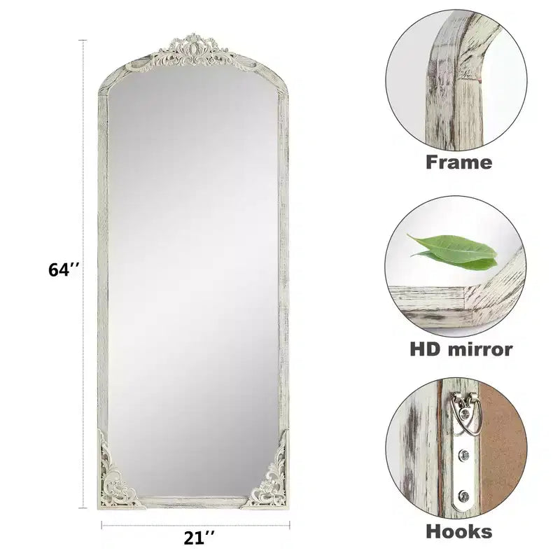 Dovelina Specchio intero vintage in legno e metallo, specchio grande da parete 65x22 - Bianco anticato