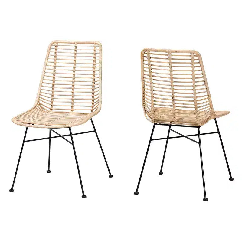bali & pari Sedia da pranzo in rattan marrone naturale e metallo nero, in stile bohémien moderno di Manhattan, set da 2 pezzi