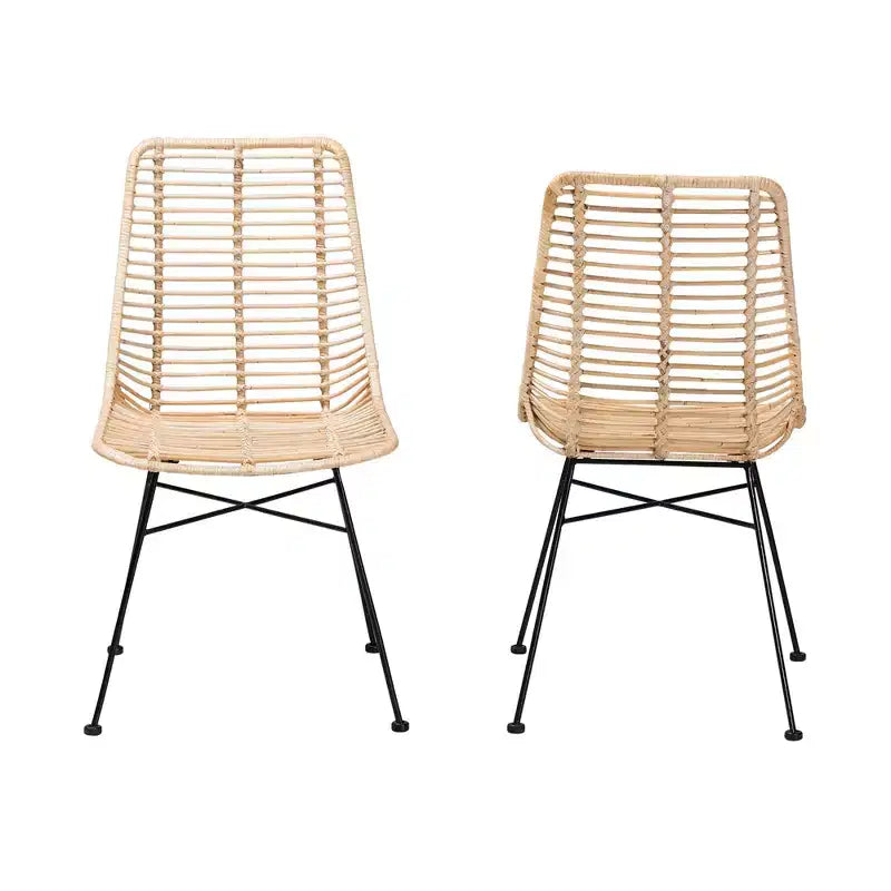 bali & pari Sedia da pranzo in rattan marrone naturale e metallo nero, in stile bohémien moderno di Manhattan, set da 2 pezzi