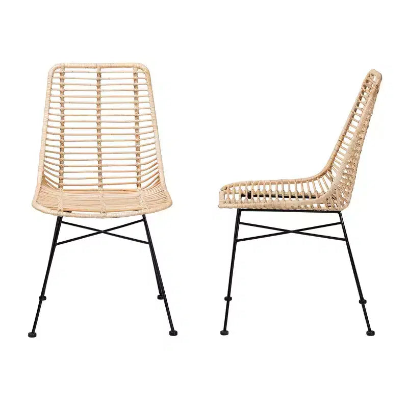 bali & pari Sedia da pranzo in rattan marrone naturale e metallo nero, in stile bohémien moderno di Manhattan, set da 2 pezzi